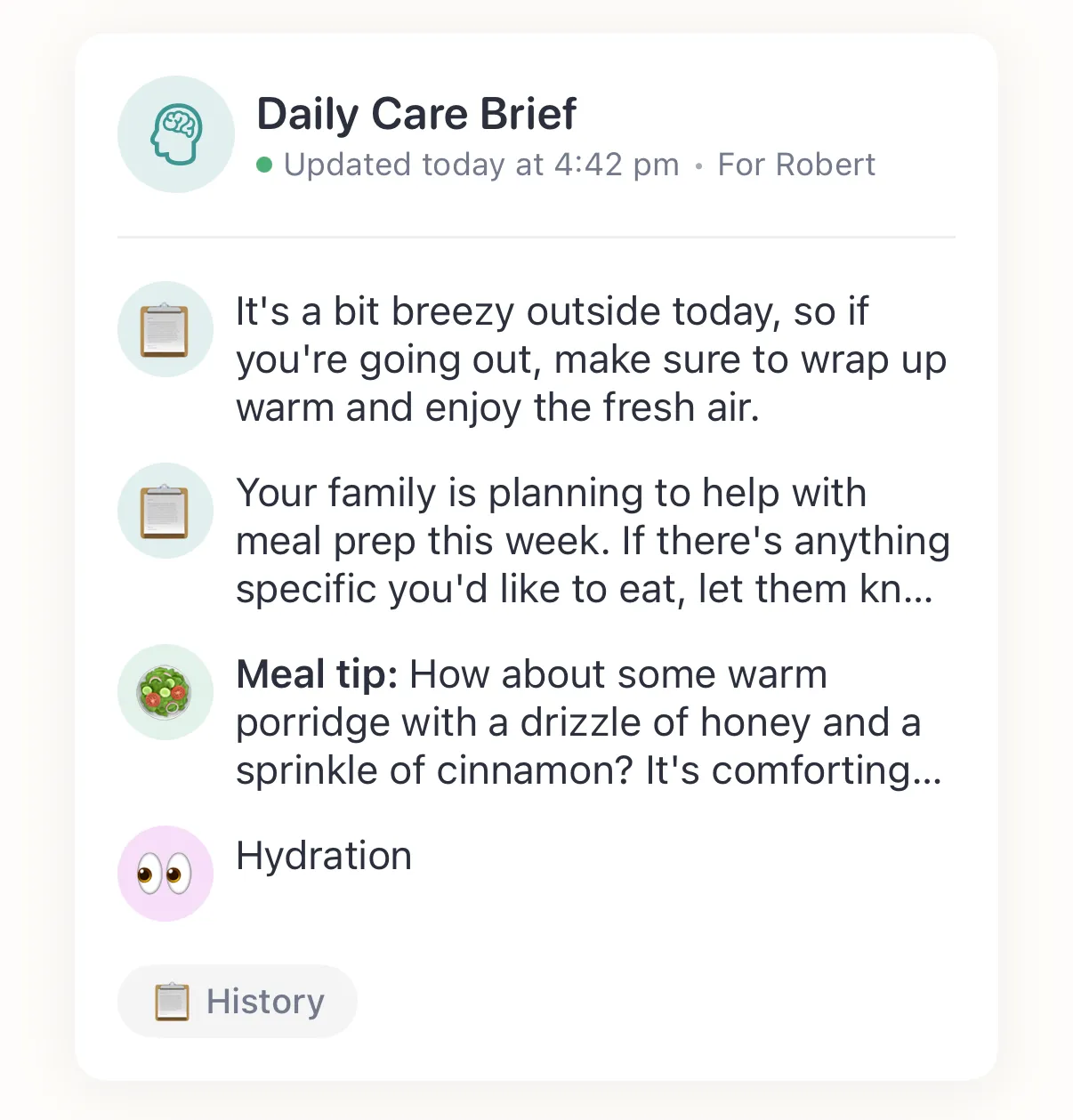 AI Care Intelligence illustration showing daily care brief interface